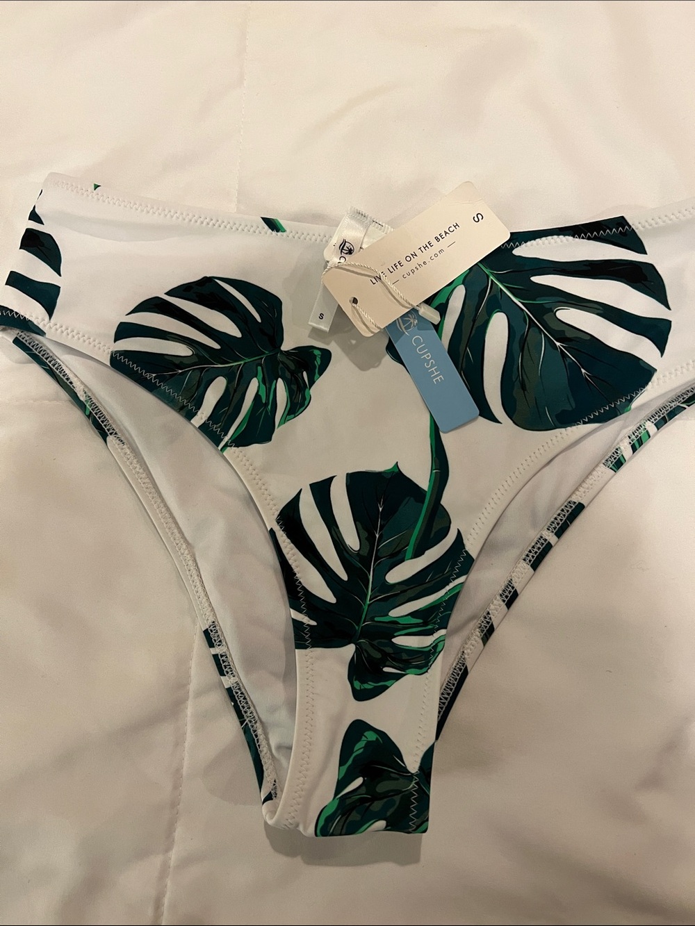 Cupshe White Bikini Bottoms with Green Tropical Leaf Print